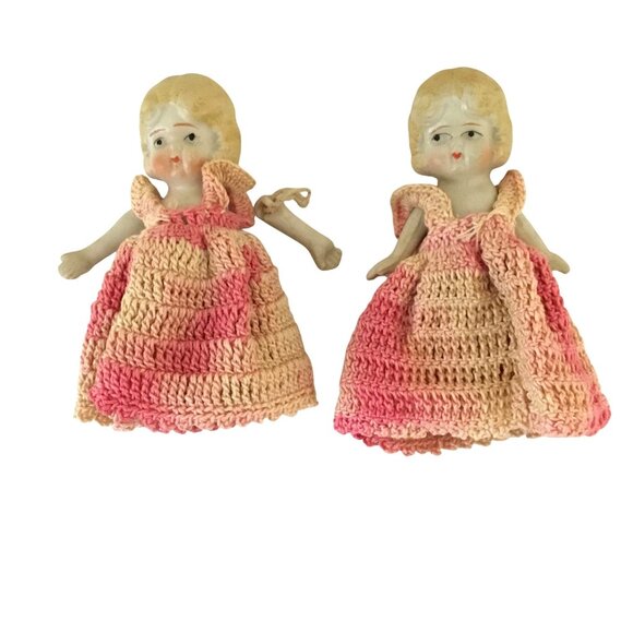 Antique Bisque Kewpie Doll (2) Jointed Arms Crocheted Dress Made In Japan 4 " - Picture 15 of 16